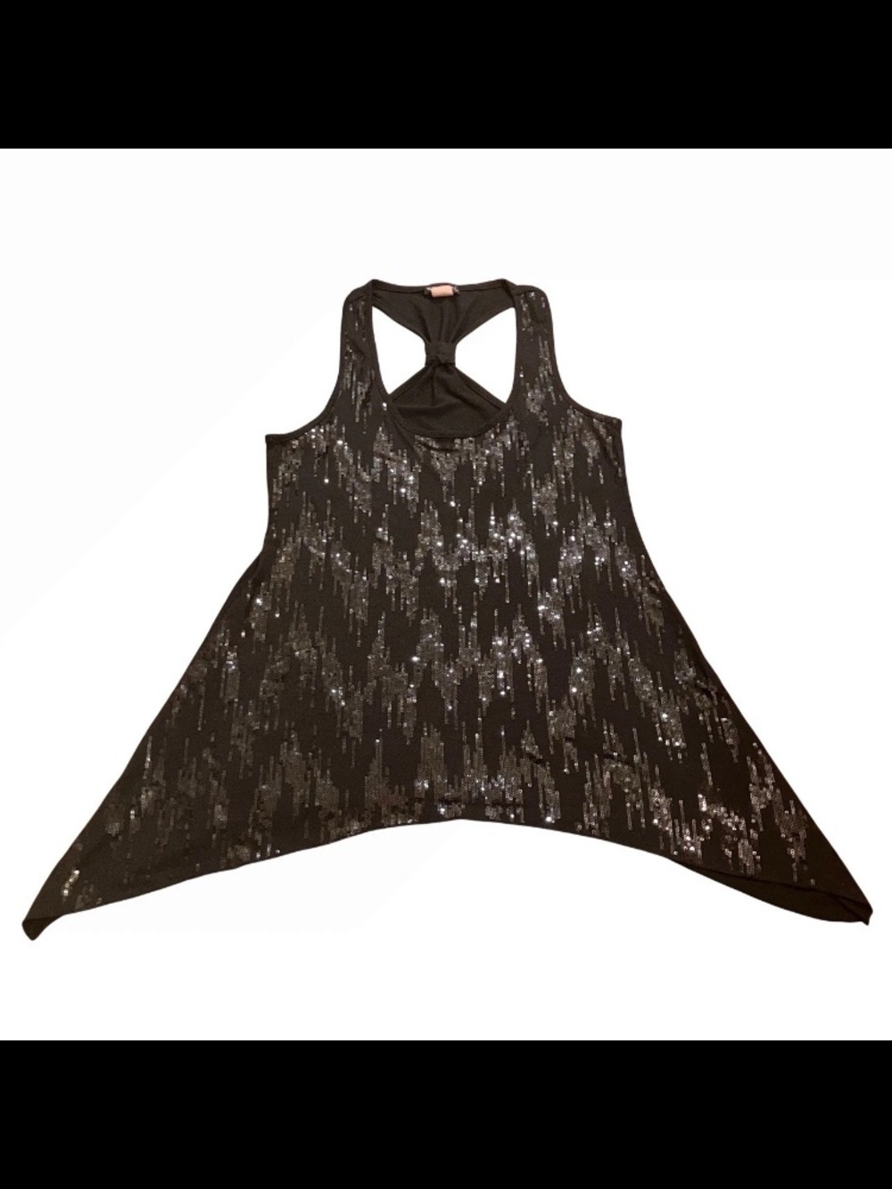Wet Seal Black Sequin Tank Top Small Made USA Y2K Handkerchief Hem Racerback